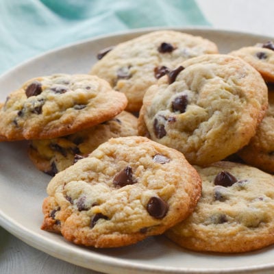 chocolate chip cookies on plate.