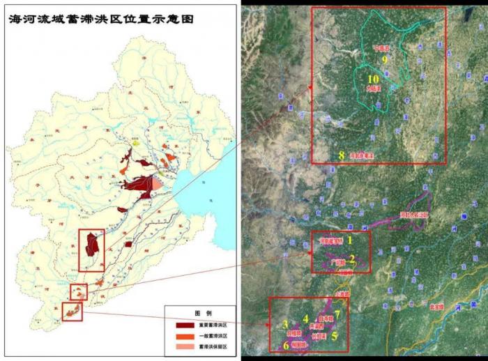 图：截止7月26日，河南河北启用的蓄滞洪区分布图  图源：中国水科院减灾中心