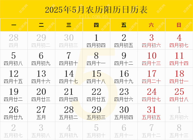 2025年5月农历阳历日历表