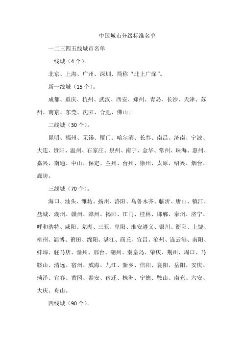 中国城市分级标准名单