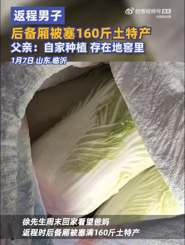 临沂一男子返程车内被塞160斤特产：大白菜足足100斤